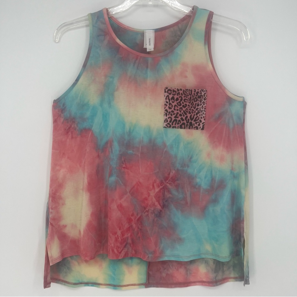 Honey Me Womens Tank Top Sleeveless Tie Dye With Animal Print Pocket Stretch NEW